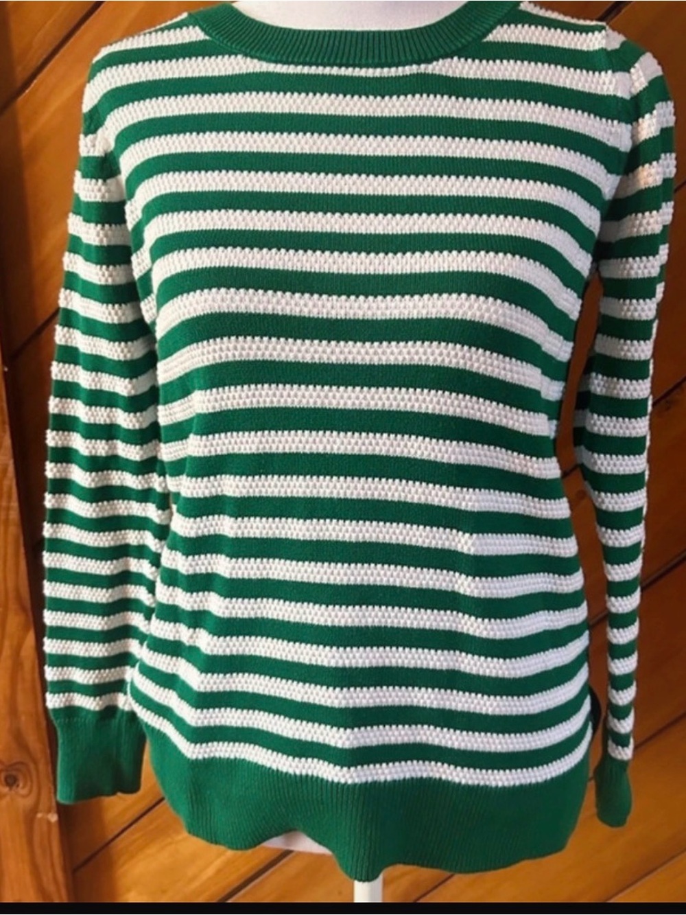 Liz Claiborne Green and White Striped Crewneck Sweater